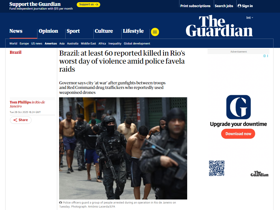 Imprensa internacional repercute megaoperação no RJ: “Cenas de guerra”