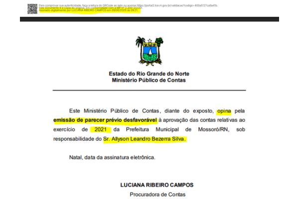 MP pede reprovação das contas três vezes e Allyson já pode pedir música