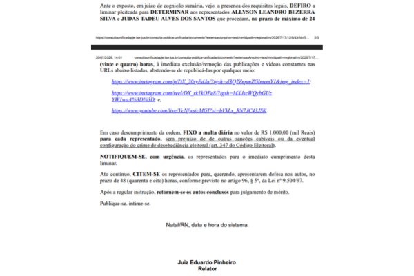 TRE-RN manda Allyson Bezerra retirar vídeos por propaganda irregular